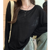 Korean Micro-Permeable Pure Desire Lazy And Relaxed Feeling Thin Bottom Shirt Long-Sleeved T-Shirts Summer Thin Air Conditioning Hood