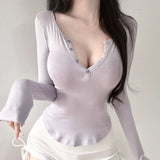 Purely Sexy Royal Sister Bursified Body Sunscreen Long-Sleeved Thin T-Shirt Girl Autumn Tight Half-Open Collar Micro-Permeable Top