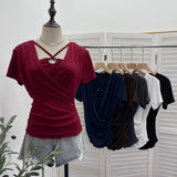 Real Shooting Cross-Design Hanging Neck Beads Folded Emptiness T-Shirts For Women's Sense Of Fake Two-Piece Top 27671