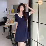 2026 New Large-Size Blue V-Neck French Waist Polo Dress Women's Summer Dress Fat Mm Thin