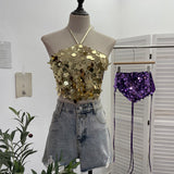 Heavy Industry Bling Bling Glide Hanging Neck Sling Vest One-Style Wrapping Tie With Large Bare Back Blouse 1083