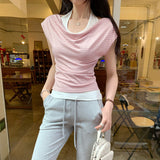One-Word Shoulder Stripe Hanging Neck And Two Open-Shouldered Short-Sleeved T-Shirts For Women's Summer 2026 New Design Feel Korean Top