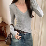 Smashing Hottie Thin Long-Sleeved Knitted Shirt Girl Early Autumn New Design Sense V-Neck T-Shirt Put On The Dress