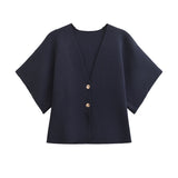 New Women's Clothing Temperament Short-Sleeved V-Neck Two-Grained Knitting Top 4192101