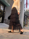Net Yarn Skirt Mid-Length Women 2025 New Autumn And Winter Super Fairy Layer Cake Skirt White Long Skirt Over The Knee Dress