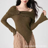 French Temperament Wooden Ear Three-Dimensional Flower Knitting Top Irregular Design Feel Waist Thin Horn Sleeve Bottom