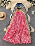 Holiday National Breeze Rheusped Flower Long Skirts Half-Dress Femininity Flalateral Lace Big Swing A Skirt Summer Autumn