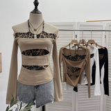 Real Shooting With Hanging Neck Leopard Print Splicing Two Long-Sleeved Tops A Short Shoulder Bottom T-Shirt 28787