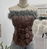 Real Shooting Retro Pu Skin Spliced Hair Bra Bra Strap Chest Punk Hottie Skin Buckle Waist Short Top 2781