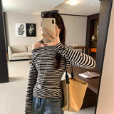 Lyselle Tiansing Stripe Shoulder Long-Sleeved T-Shirt Girl Spring And Autumn New Bottom Shirt On The Shoulder