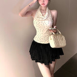 2025 Splicing Beauty Back Collar Hanging Neck Vest Female Summer Wave Point Repair Inside Sweet Hottie Sleeveless Outside To Put On Clothes