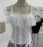 Real Shot Lace Spliced Fish Bone Girded Waist Sling Vest Female Summer With Chest Pad Wearing Rope Strap Bra Blouse 2863