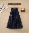 Heavy Industry Embroidery Net Yarn Half-Dress Woman Summer New High-Rise Thin Shiny Leaf Lint Leaf Embroidery A Letter Dress