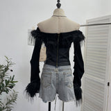 Millennial Y2K Plush Splicing Pu Skin Strap To Close Waist Folded Horn Long Sleeves One-Word Shoulder Dress Woman 1507