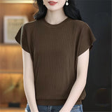 2026 Round Collar Summer New Large Size Women's Loose Knitted Shirt Short-Sleeved Fat Mm Thin Top