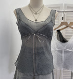 Pictonic Tau Tuft Tulle V-Neck Sling Vest Folded With Bows Short Top Female 6185