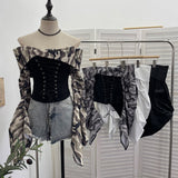Vintage Shoulder Camouflage Long Sleeve Splicing Rope Tie With Waist Shirt Folded Top 2767