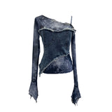 Slanted Shoulder Sling Screen Splicing Irregular Cowboy Horn Long Sleeve Top Short T-Shirt 2789