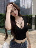 Pure Lust Wind V-Neck Short-Sleeved T-Shirt Female Net Red Anchor Want To Be Squee-Bossed Design Sense Unique Beauty Short Shirt