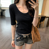 Premium Non-Bumbling Purple U-Necked Mid-Sleeved T-Shirt Women's Summer 2025 New Super-Look Unique Beautiful Small Top