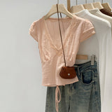 French Romantic Style V-Neck Short-Sleeved T-Shirt For Women's Spring New Lace Tie With Slim Top
