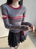 Clamming Striped Gray Hollow Long-Sleeved Sweater Women's Spring And Autumn Design Elastic Inside The Repair Knitted Shirt Top