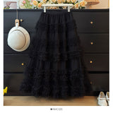 New Heavy Industry Lace Cake Skirt Long Dress Sweet Wind High Waist Wood Ear Mesh Skirt 8103