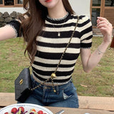 Sweet Hottie Black And White Striped Shoulder Short Sleeve T-Shirt Girl Summer Hollow Niche Knitted Shirt High-Waist Sexy Short Top