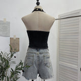 Real Shoot Water Wash Denim Front Open Lashing Neck Bare Back Small Sling Vest Deep V Spice Girls Short Blouse 2852