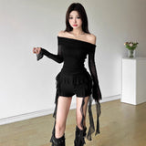 2025 Sweet Spicy Sister Wind Lotus Leaf Side Splicing A Word Shoulder Long-Sleeved T-Shirt Girl Slimmed Hottie Autumn Dress