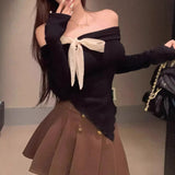 Small Fragrant Wind Bow Bottom Knitted Shirt Long Sleeve Autumn And Winter Single Shoulder Pure Desire Red Top Inside Put On The Inside