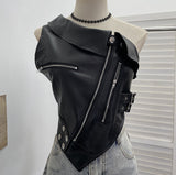 Slap Song Suit Hottie Buckle Irregular Zipper Slanted Shoulder Pu Coat Short Leather Vest Woman 2779