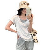 This Year's Popular Pop-Up Loose V-Neck Fake Two Design Lazy Wind Short-Sleeved T-Shirts For Women's Summer New Small Top