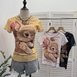 Rabbit Print Wave Point Double-Layer Mesh Yarn Short-Sleeved T-Shirt Girl Summer Hottie Fake Two Thin Tops 1591