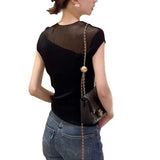 French Translucent Black Knitwear Short-Sleeved Knitted Shirt Female Senior Sleeveless Ice Blouse Thin