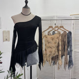 Personality Tie-Dye-Print Oblique Shoulder Dress Repair Irregular Lotus Horn Long-Sleeved Mesh T-Shirt 9955