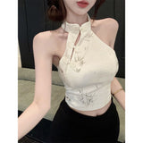 2025 Vintage Hanging Neck Top Female Summer National Style Print Sleeveless Vest Sexy Hot Girl With Chest-Loved Short Shirt