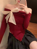 Small Fragrant Wind Bow Bottom Knitted Shirt Long Sleeve Autumn And Winter Single Shoulder Pure Desire Red Top Inside Put On The Inside