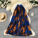 Vintage Print 100-Fold A-Word Niche Dress Women High Waist Thin Design Sense Commuting High-End Long Dress