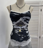 Lace Splicing Camouflage Screen Sling Sling With Chest Cushion Letter Print Sleeveless Top 1618