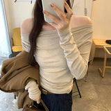 2026 Early Spring Slanted Shoulder Hottie With Long Sleeves And Bottom Shirts In Autumn And Winter Shoulder High-Level Temperament T-Shirt