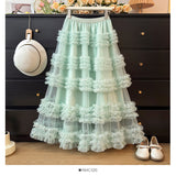 New Heavy Industry Lace Cake Skirt Long Dress Sweet Wind High Waist Wood Ear Mesh Skirt 8103