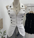 Vintage Metal Double Buckle Elastic Repair Waist Zipper Shirt Over-Necked Short Vest Vest 6295