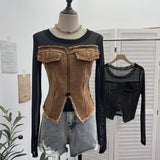 Real Shooting Of The Fur-Sided Denim Splicing Zipper Fake Two-Piece Mesh Top-Tuned Short Perspective T-Shirt 8990