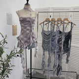 Real Shooting Round Neck Fluttering Dye Printing Irregular Lotus Leaf Side Mesh Slings Slings Sleeveless Top 1218