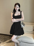 French Hepburn Style Square Tie Dress Women's Summer New Temperament Simple High-End Feeling Waist Thin Skirt