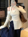 Pure Three-Dimensional Flowers Shoulder-Opened Long-Sleeved Knitted Shirt 2025 Autumn New Slim Top Woman Tide