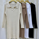 2026 Spring And Autumn New Hot Girl Polo Collar Knitted Dress Women Bottomed Waist Tight Body Thin Bag Hip Dress