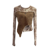 Vintage Dye Mesh Spliced Denim Shoulder Long-Sleeved T-Shirt T-Shirt T-Shirt Dress 2617
