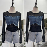 Vintage Spice Girls Stomee Net Yarn Sexy Perspective Drawstring Long-Sleeved T-Shirt Top 2630
